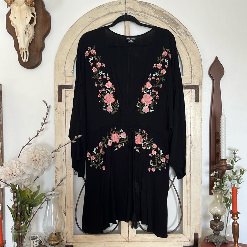 City Chic Black and Floral Embroidered Tie Waist Mini Dress
